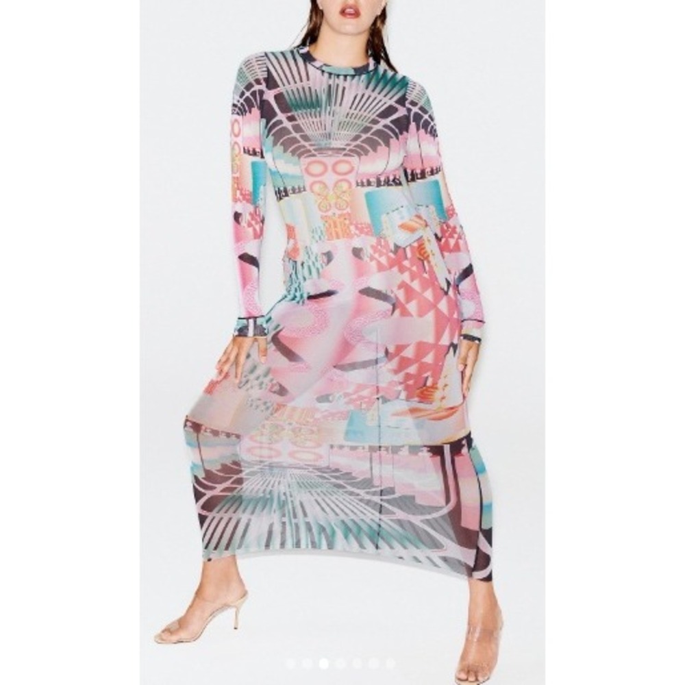 Skims Multicolor Geometric Mesh Long Sleeve Maxi Dress Size M
